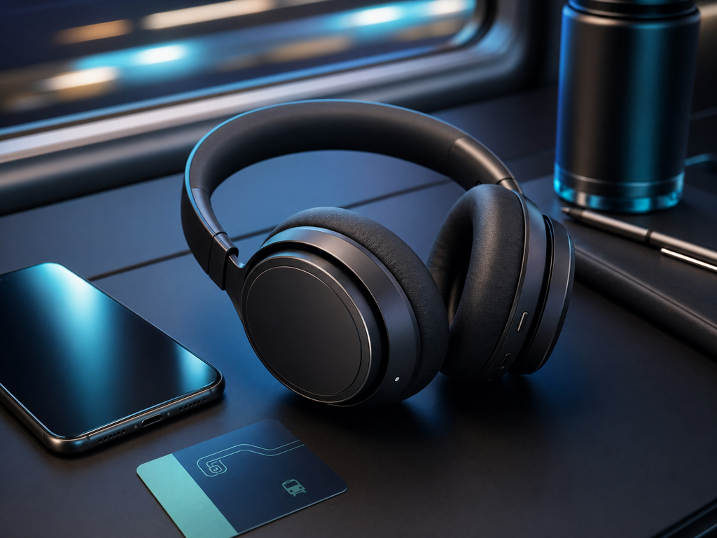 Wireless headphones on a commuter table